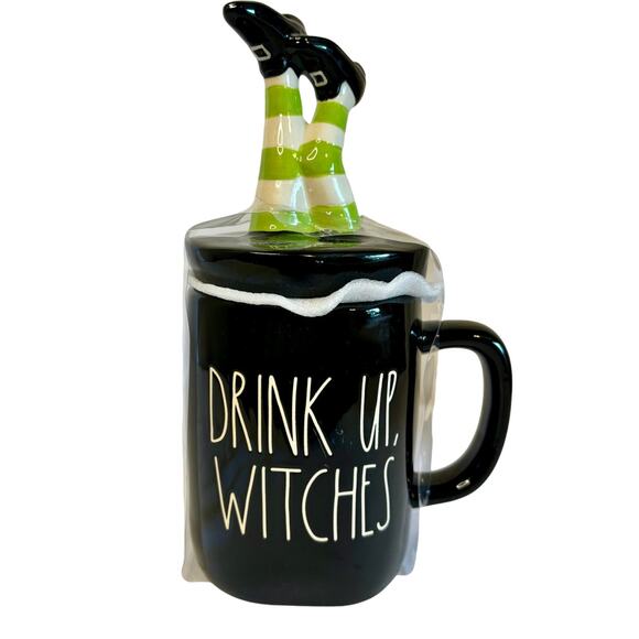 Rae Dunn Mug DRINK UP WITCHES With Witch Legs Topper Black/Green Cup Halloween - Picture 1 of 6